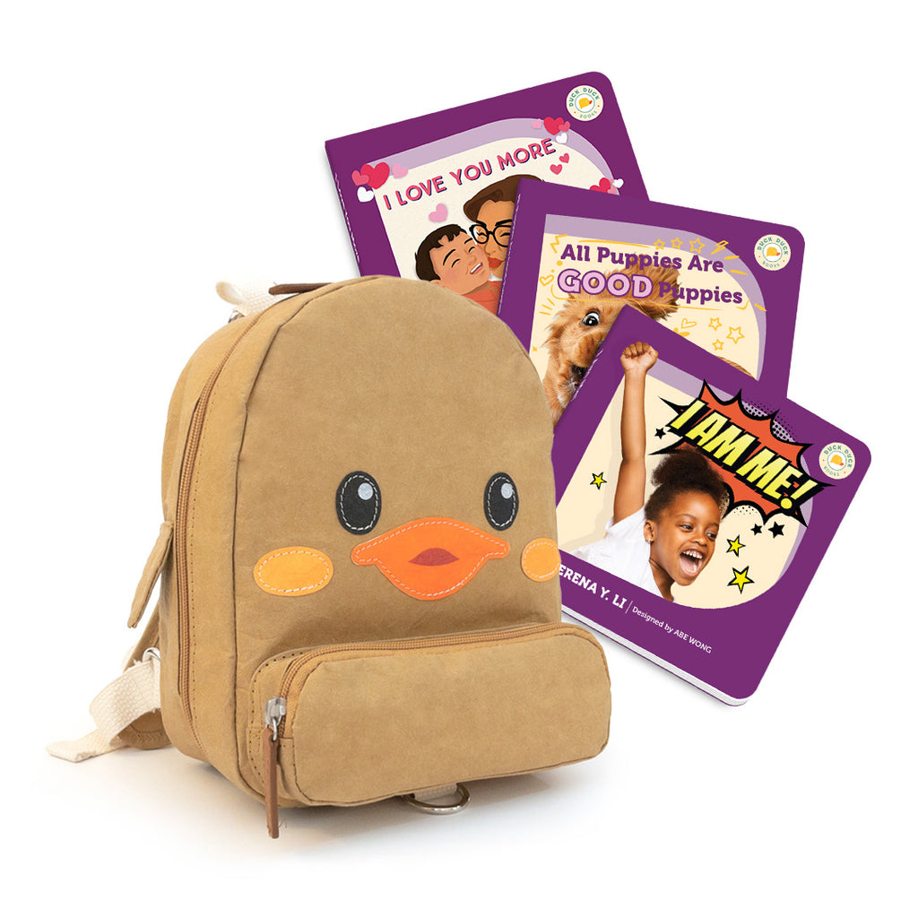 Duck Duck Backpack three kids book gift bundle in English, I Love You More, All Puppies Are Good Puppies, I Am Me!