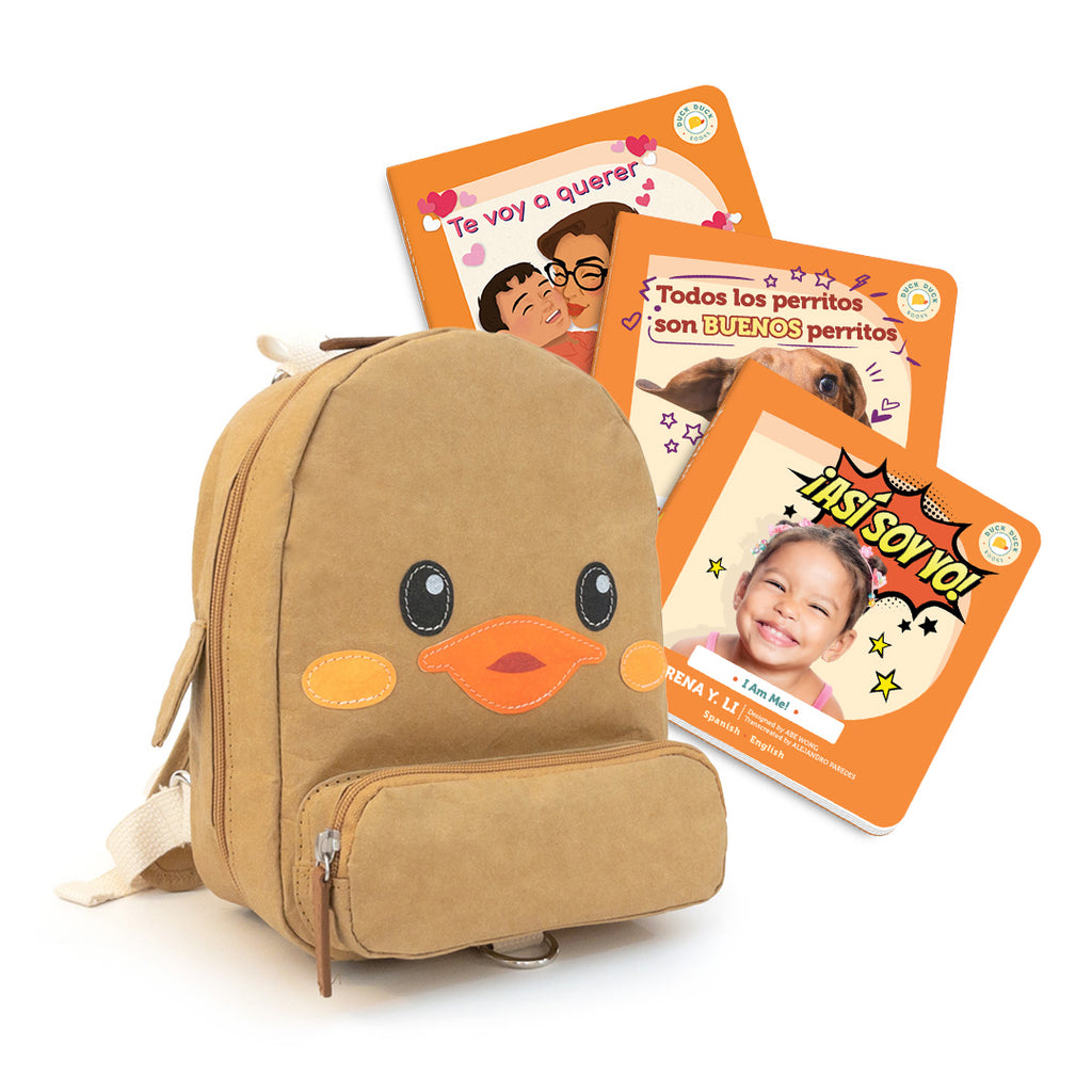 Duck Duck Backpack three kids book gift bundle in Spanish, I Love You More, All Puppies Are Good Puppies, I Am Me!
