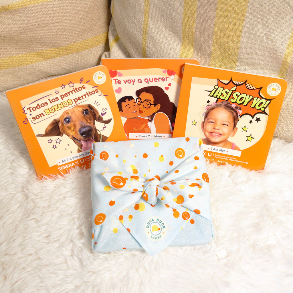 Duck Duck Books kids three book gift set in Spanish, I Love You More, All Puppies Are Good Puppies, I Am Me!
